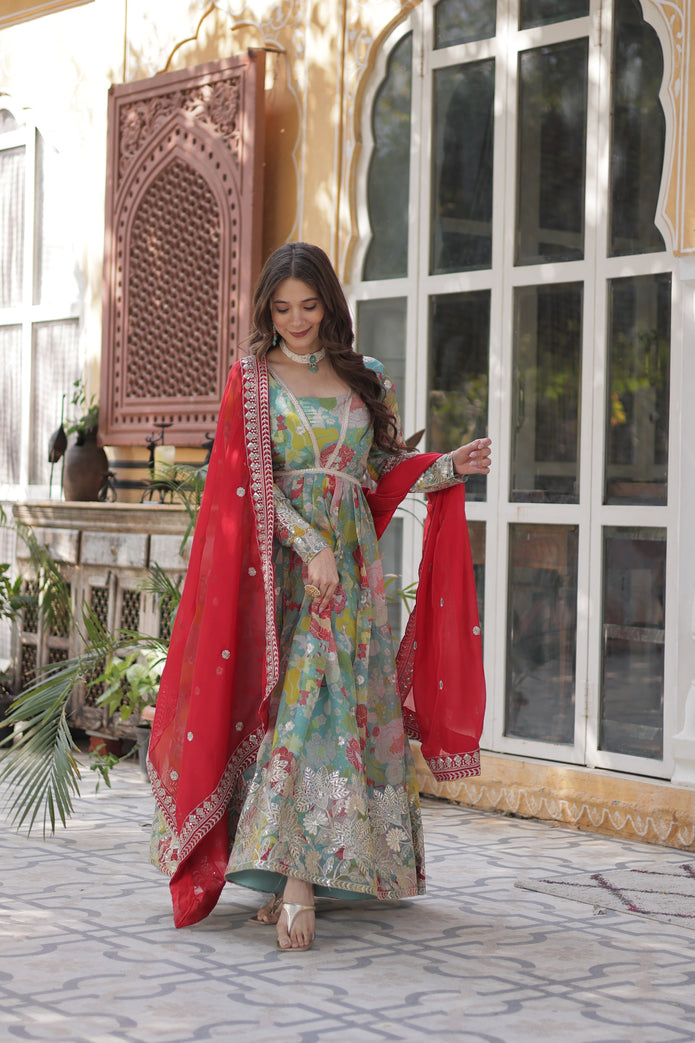 Premium Readymade Alia Cut Gown With Dupatta Set