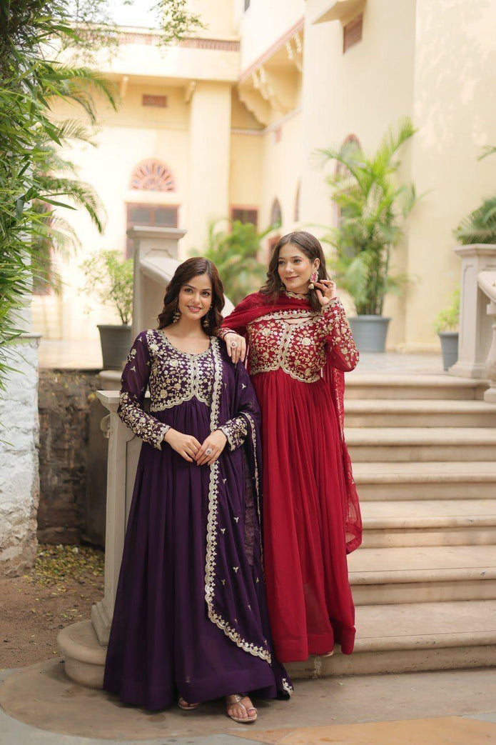 Wine Faux Blooming Gown With Sequins-Multi Embroidered (Copy)