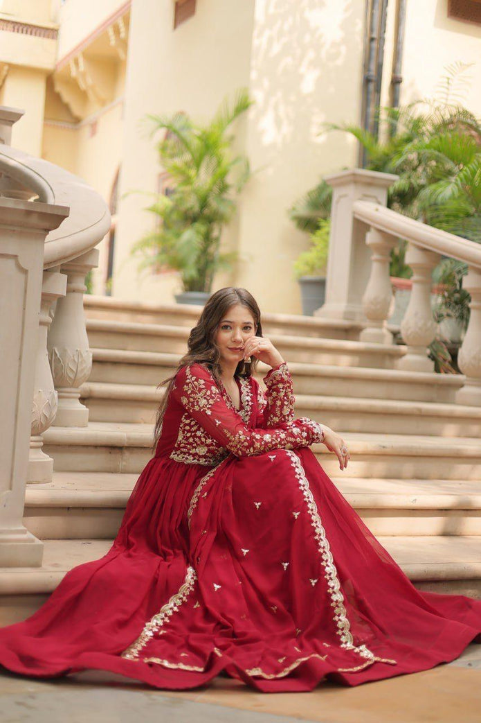 Red Faux Blooming Gown With Sequins-Multi Embroidered