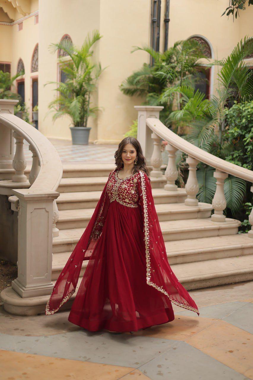 Red Faux Blooming Gown With Sequins-Multi Embroidered