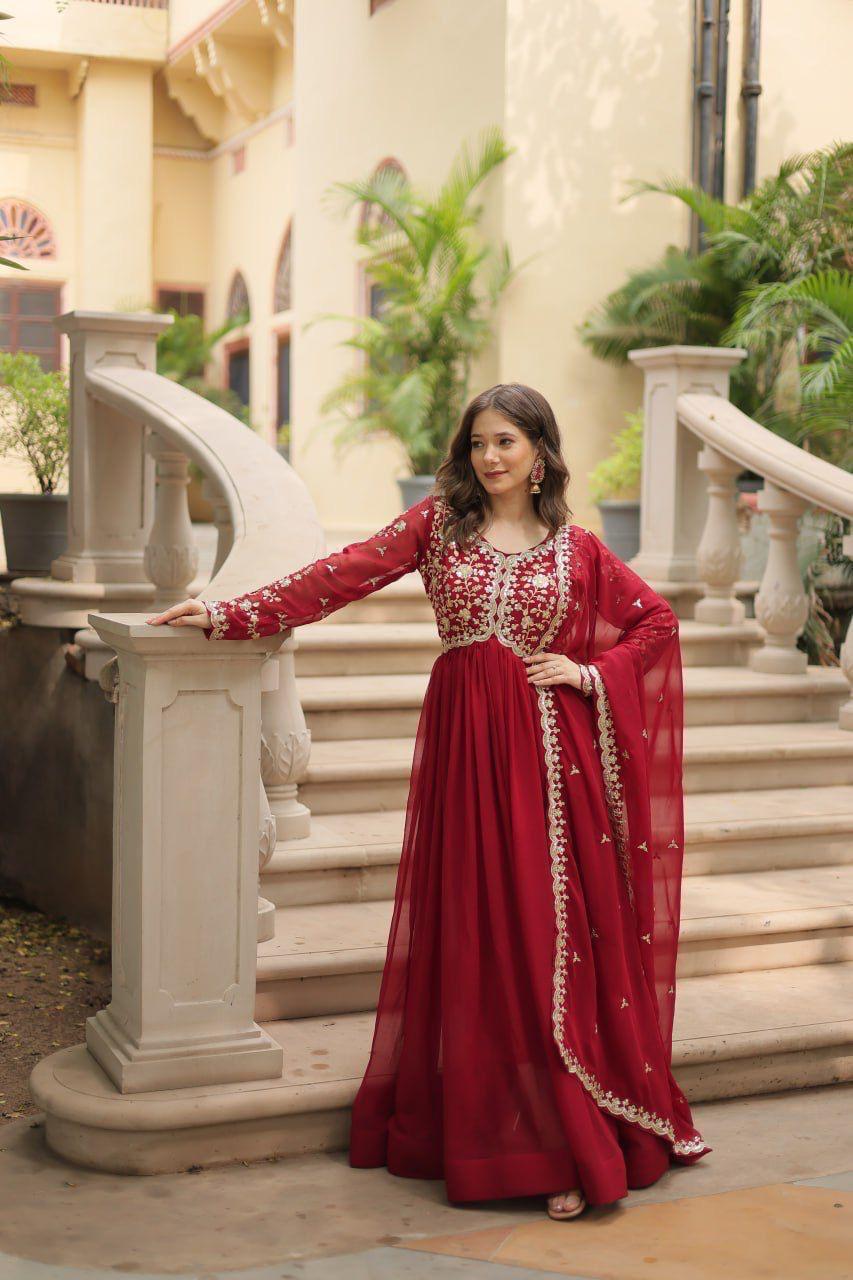 Red Faux Blooming Gown With Sequins-Multi Embroidered