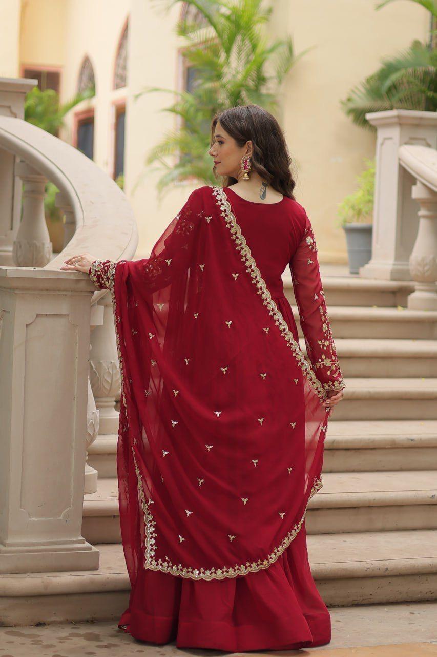 Red Faux Blooming Gown With Sequins-Multi Embroidered