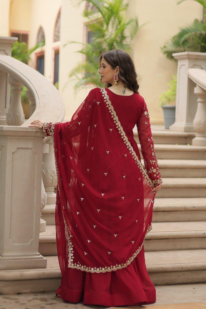 Red Faux Blooming Gown With Sequins-Multi Embroidered