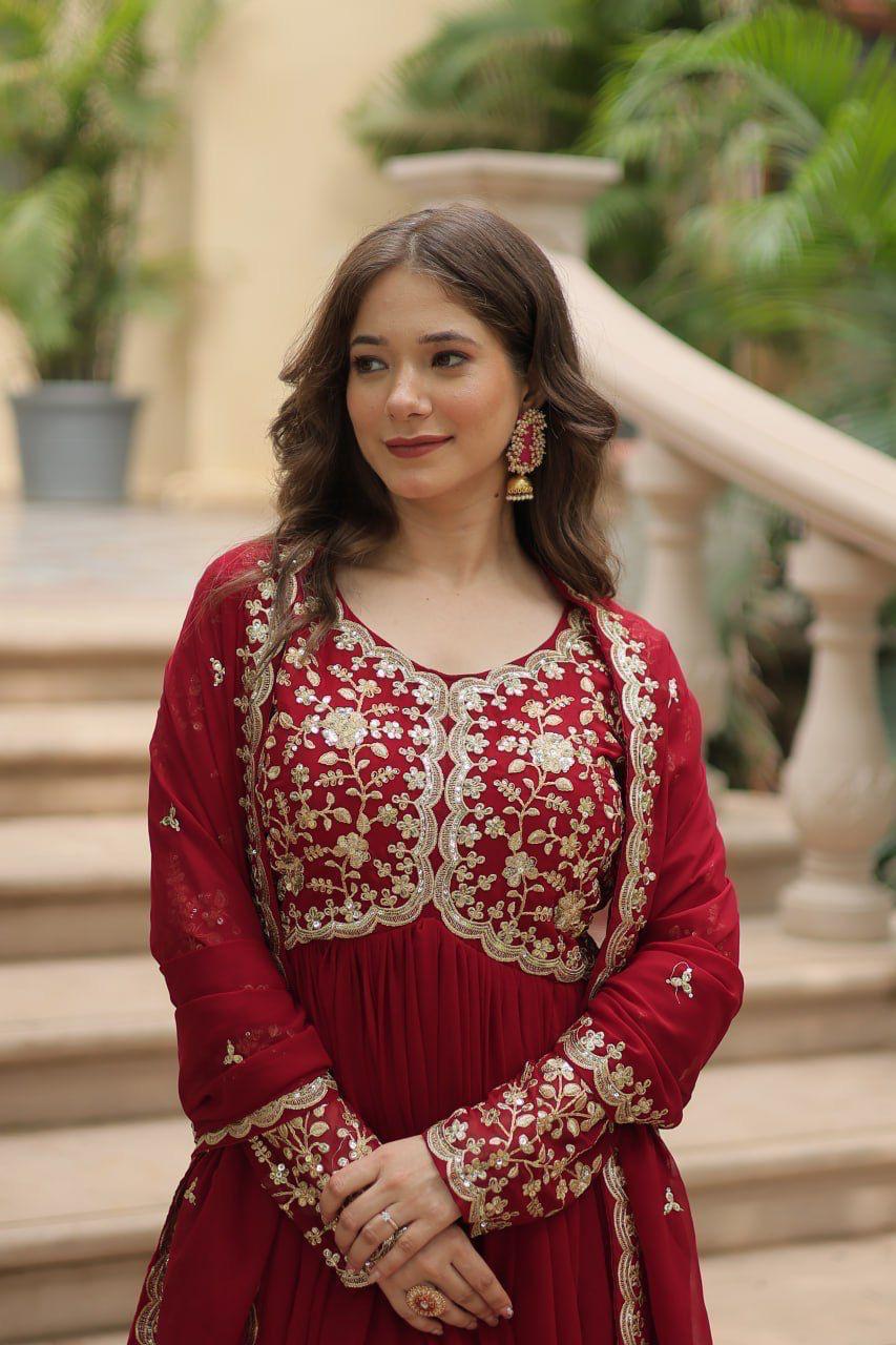 Red Faux Blooming Gown With Sequins-Multi Embroidered