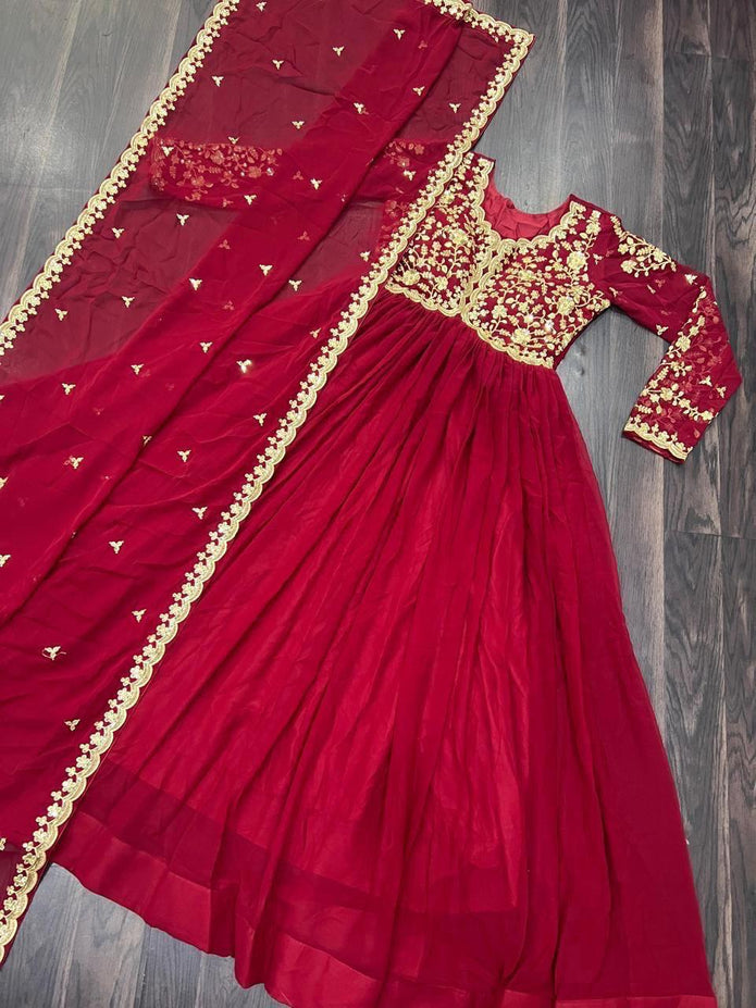 Red Faux Blooming Gown With Sequins-Multi Embroidered