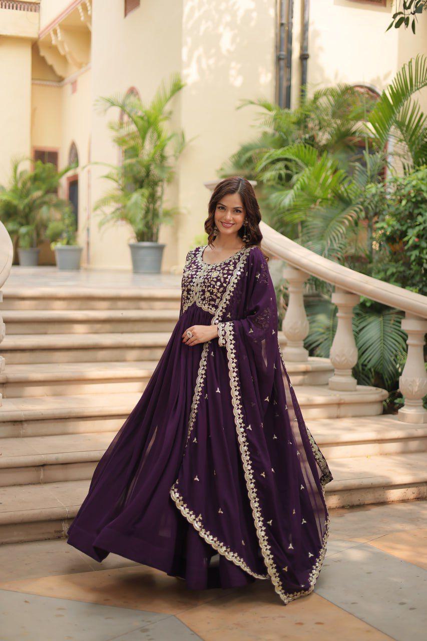 Wine Faux Blooming Gown With Sequins-Multi Embroidered (Copy)