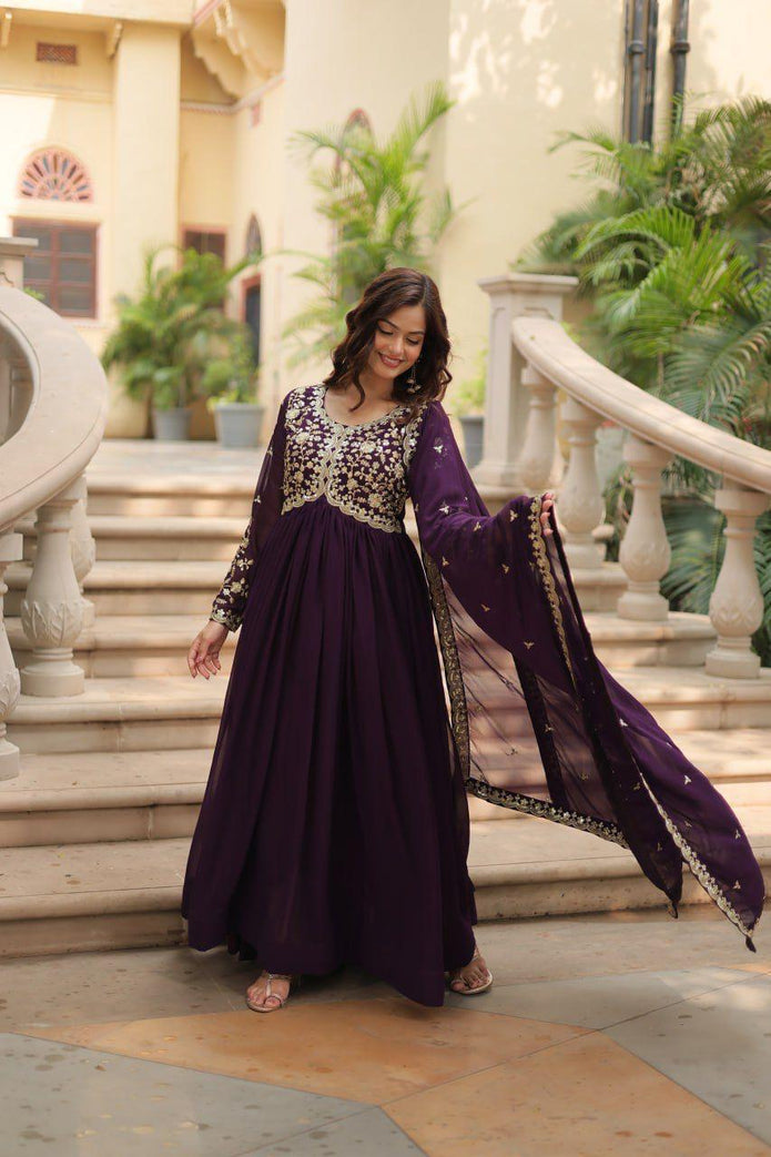 Wine Faux Blooming Gown With Sequins-Multi Embroidered (Copy)