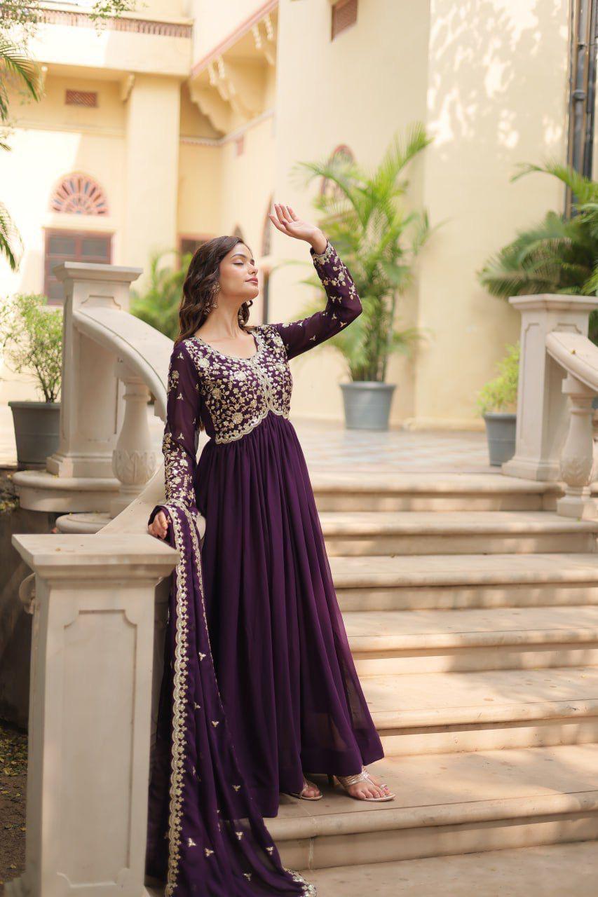 Wine Faux Blooming Gown With Sequins-Multi Embroidered (Copy)