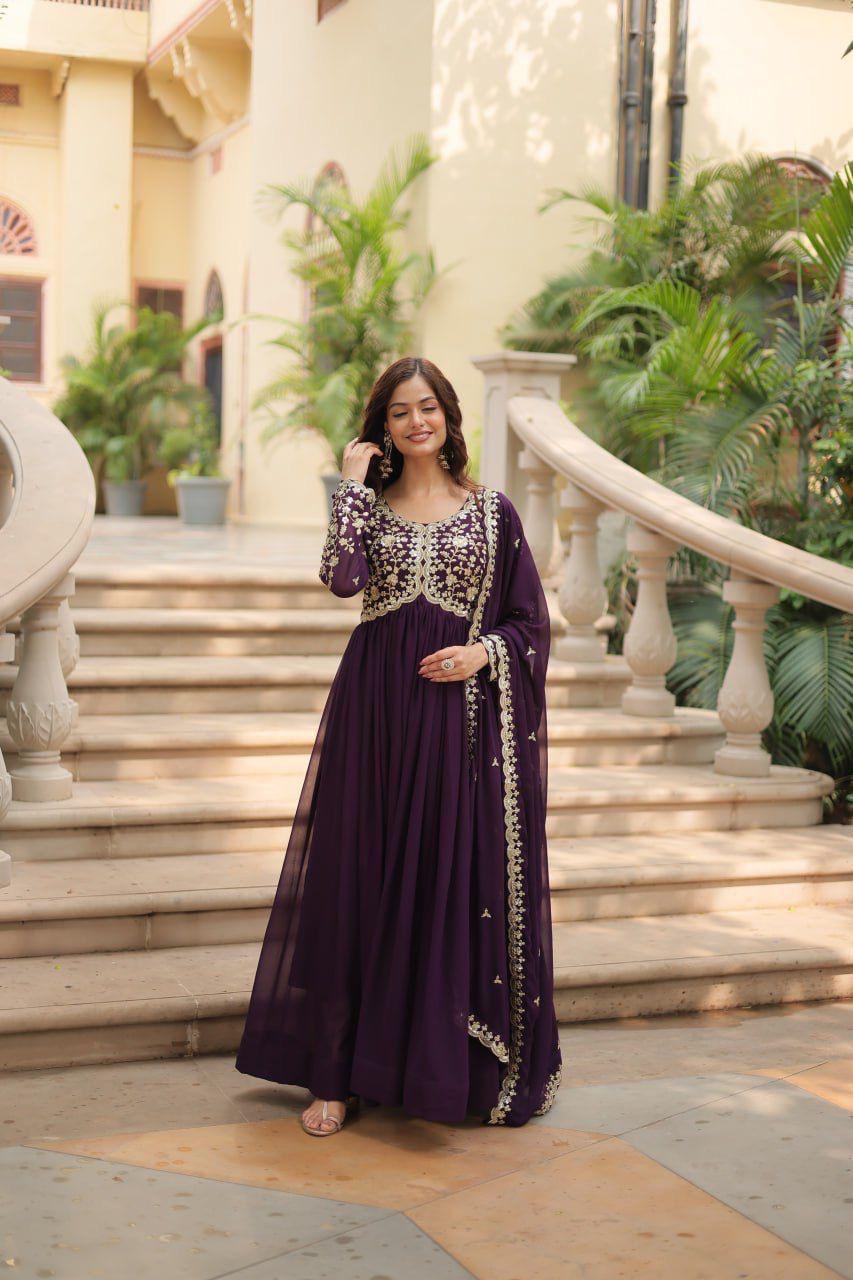 Wine Faux Blooming Gown With Sequins-Multi Embroidered (Copy)