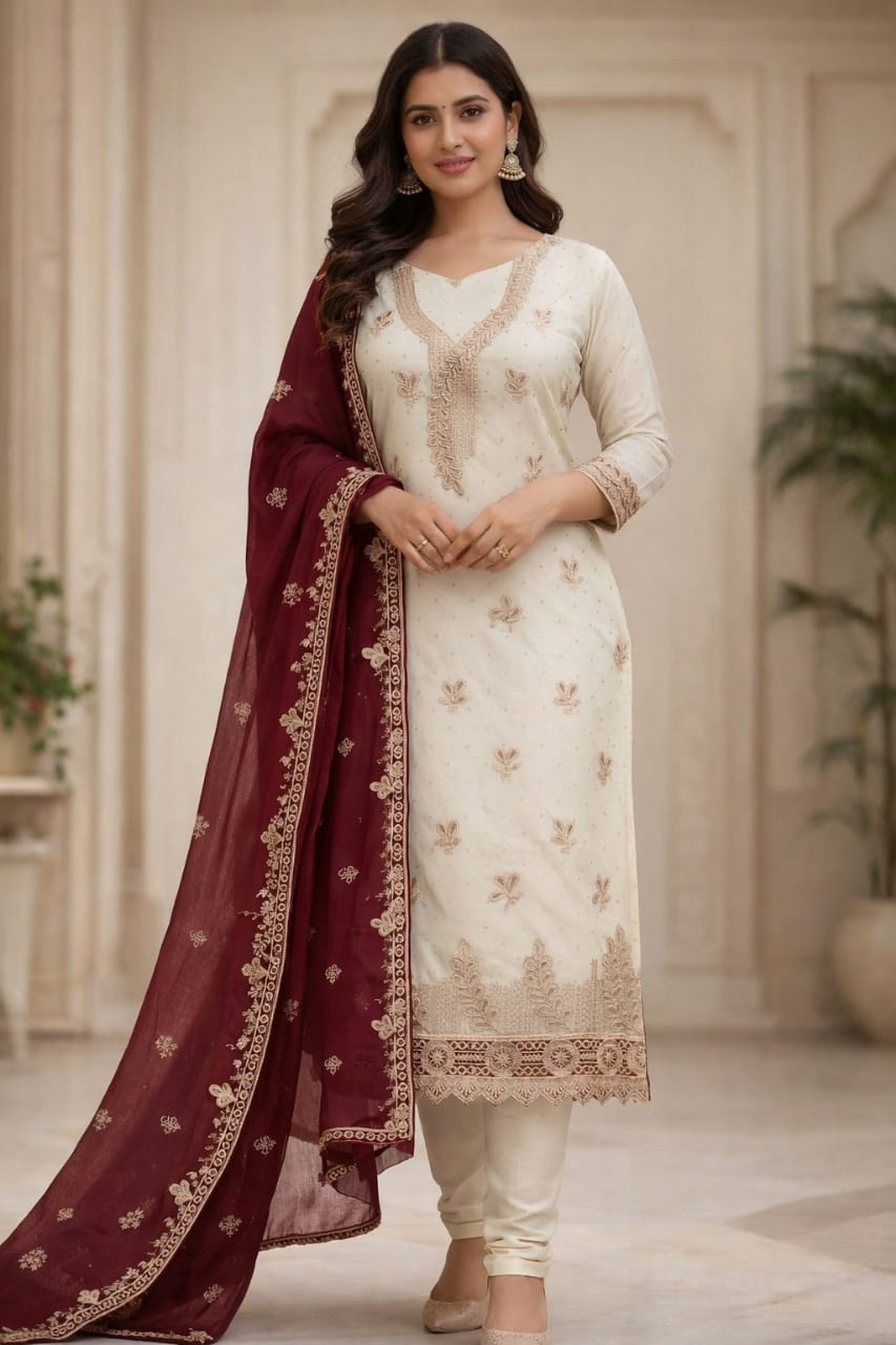 Ivory Embroidered Kurta Set with Royal Purple Dupatta