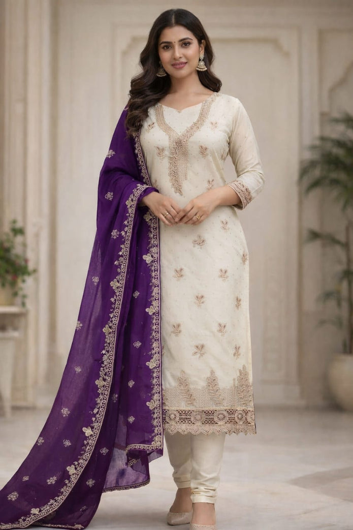 Ivory Embroidered Kurta Set with Royal Purple Dupatta