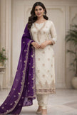 Ivory Embroidered Kurta Set with Royal Purple Dupatta