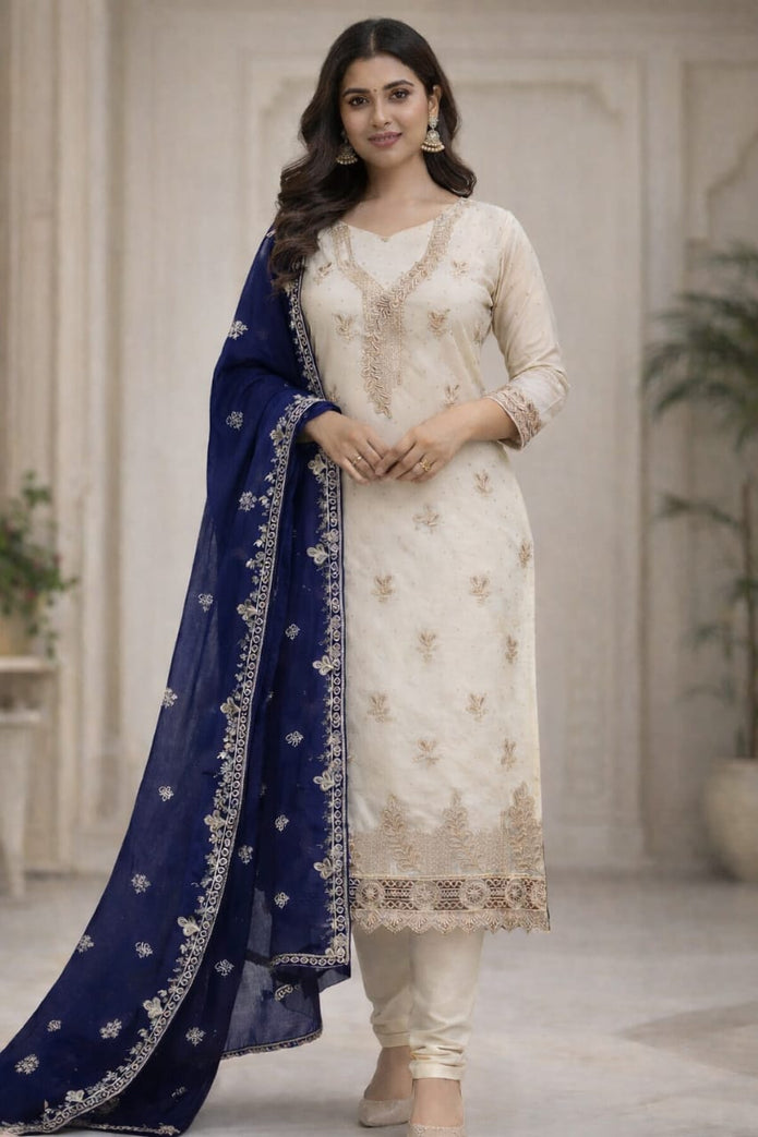 Ivory Embroidered Kurta Set with Royal Purple Dupatta