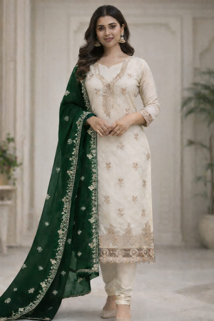 Ivory Embroidered Kurta Set with Royal Purple Dupatta