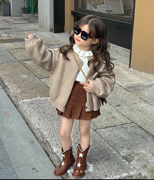 Girls Autumn Cardigan Outfit Set – Knit Jacket, Ribbed Top & Pleated Skirt