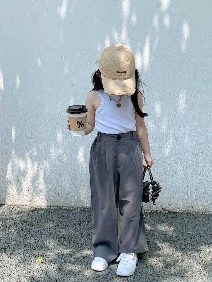 Girls Minimalist Wide-Leg Pants Set – Sleeveless Top & High-Waist Casual Outfit for Kids