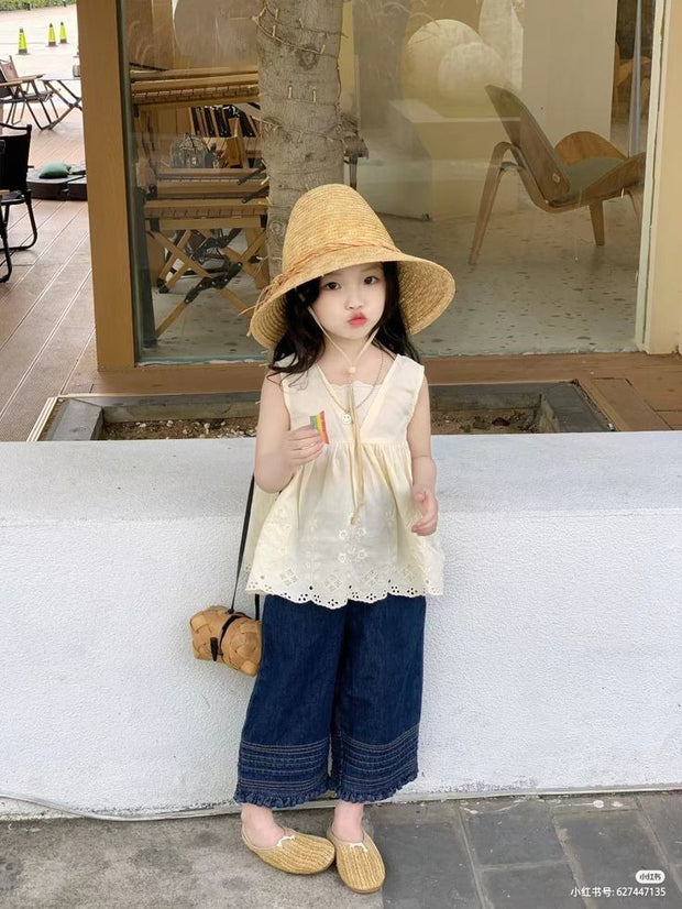 Girls Summer Lace Top & Wide-Leg Denim Pants Set – Sleeveless Casual Outfit