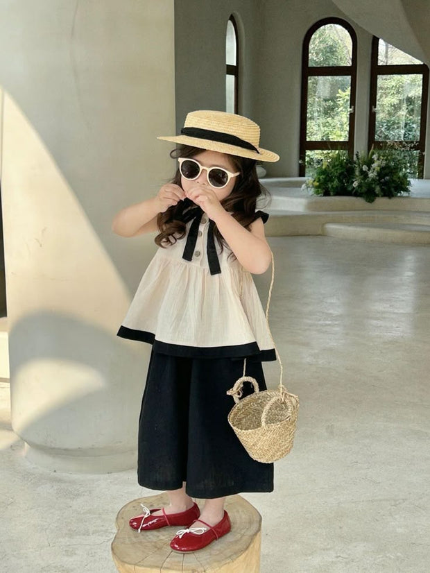 Girls Classic Black & White Summer Outfit Set – Sleeveless Top and Wide Pants