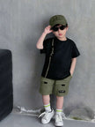 Urban Kids Black Tee And Olive Cargo Shorts Set