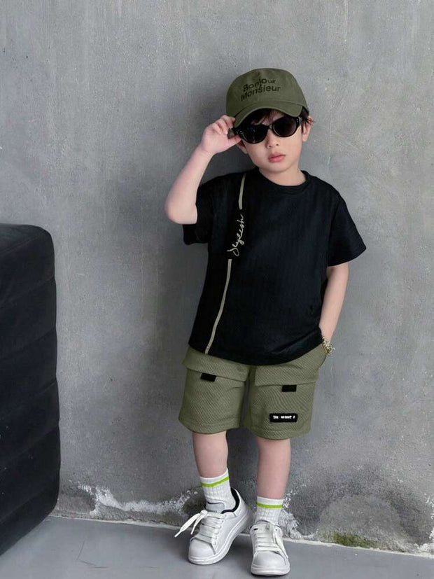 Urban Kids Black Tee And Olive Cargo Shorts Set