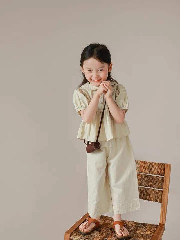 Girls Soft Pastel Two-Piece Outfit Set – Puff Sleeve Top & Wide-Leg Pants