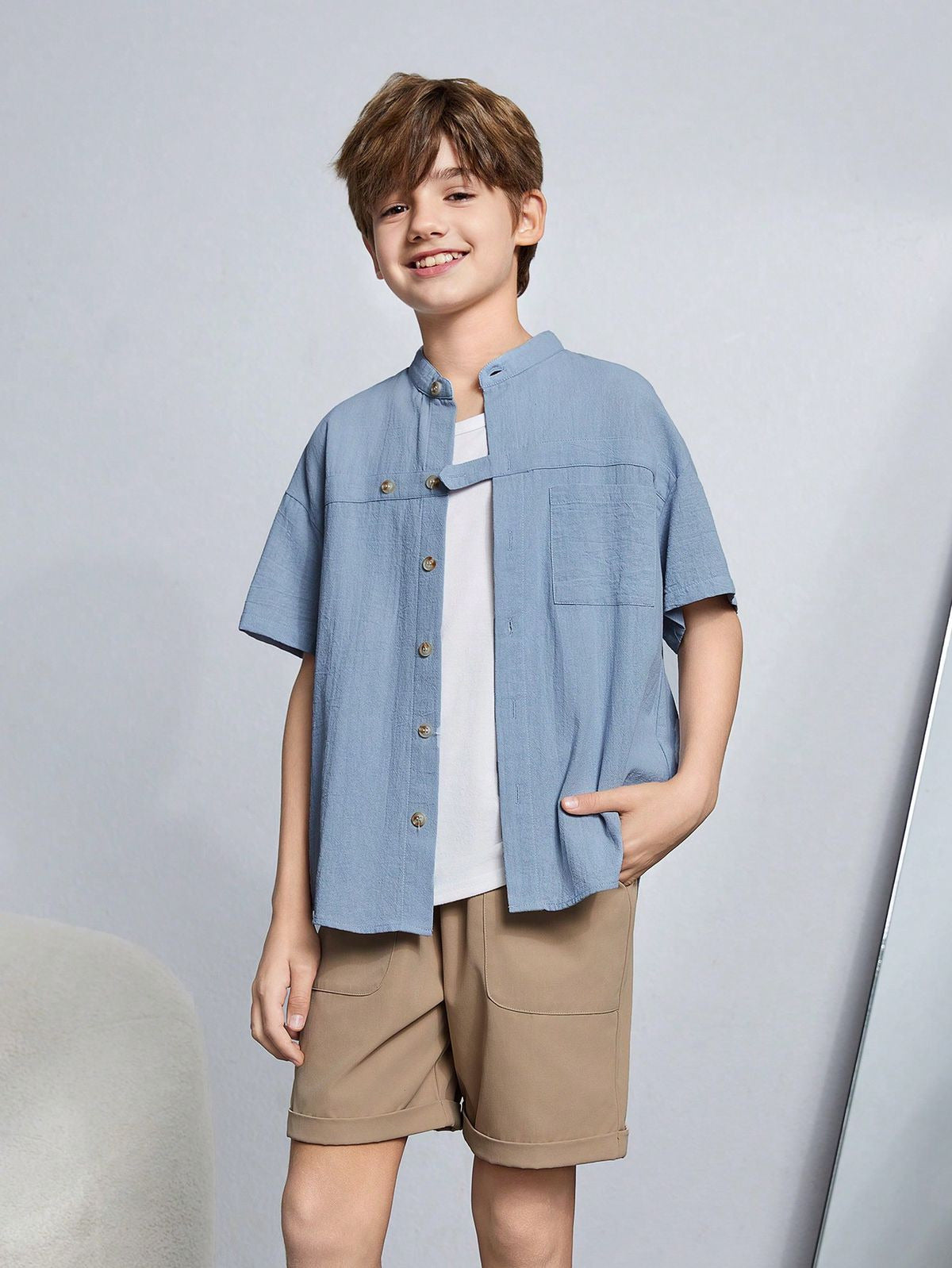 Boys Light Blue Linen Shirt And Khaki Shorts Summer Set
