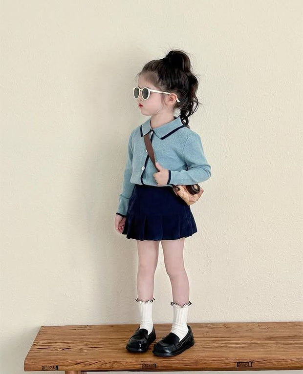 Elegant Girls Preppy Knit Cardigan And Pleated Skirt Set For Cozy Style