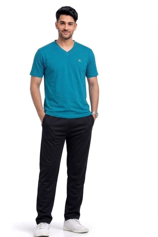 Premium Men Casual Cyan Blue V Neck Tee For Everyday Minimalist Style