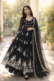 Elegant Black Floral Embroidered Anarkali Set With Lace Border Dupatta