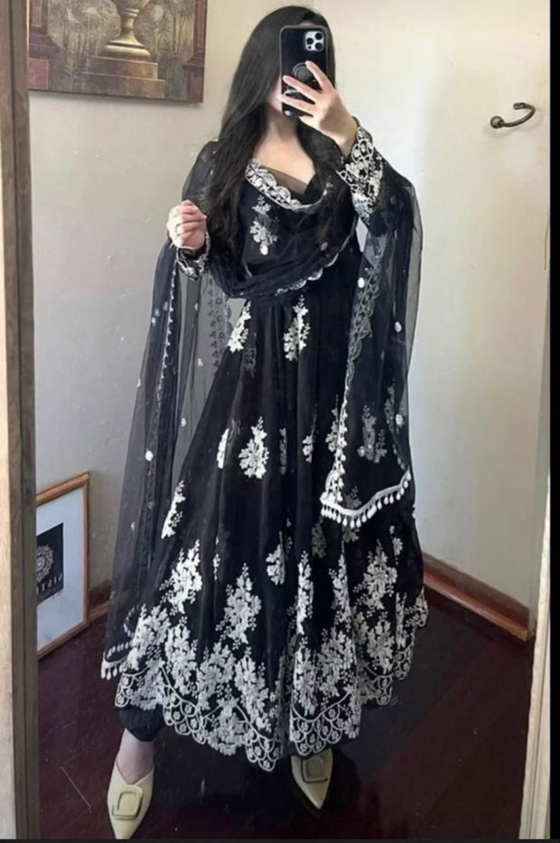 Black Floral Embroidered Anarkali Set With Sheer Tassel Dupatta