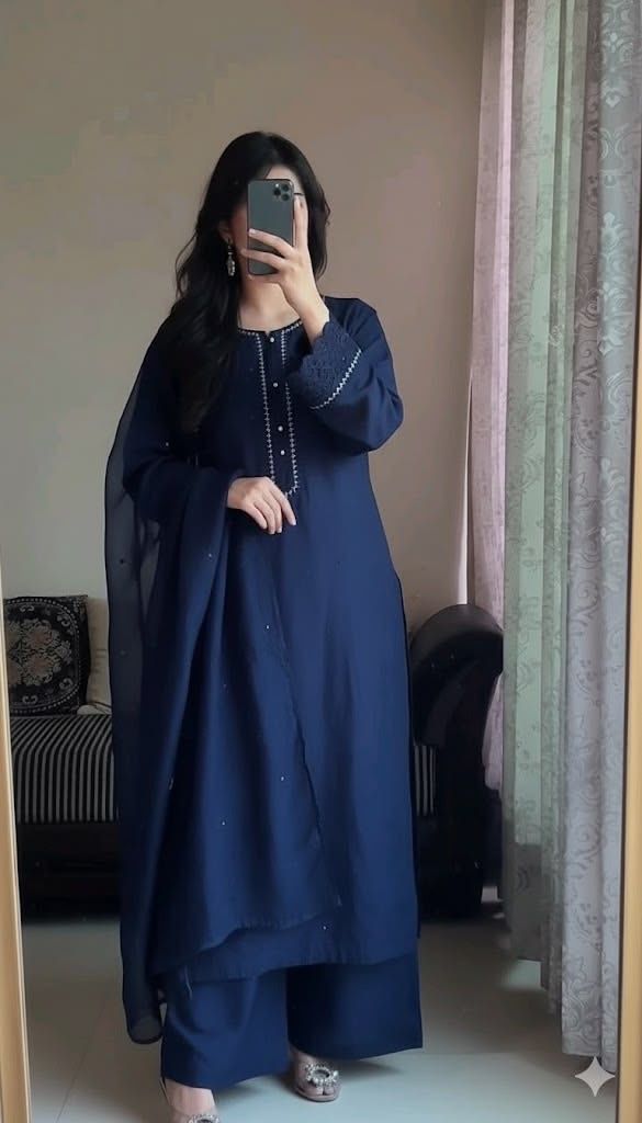 Elegant Navy Blue Embroidered Kurti Set With Matching Wide Leg Trousers