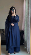 Elegant Navy Blue Embroidered Kurti Set With Matching Wide Leg Trousers