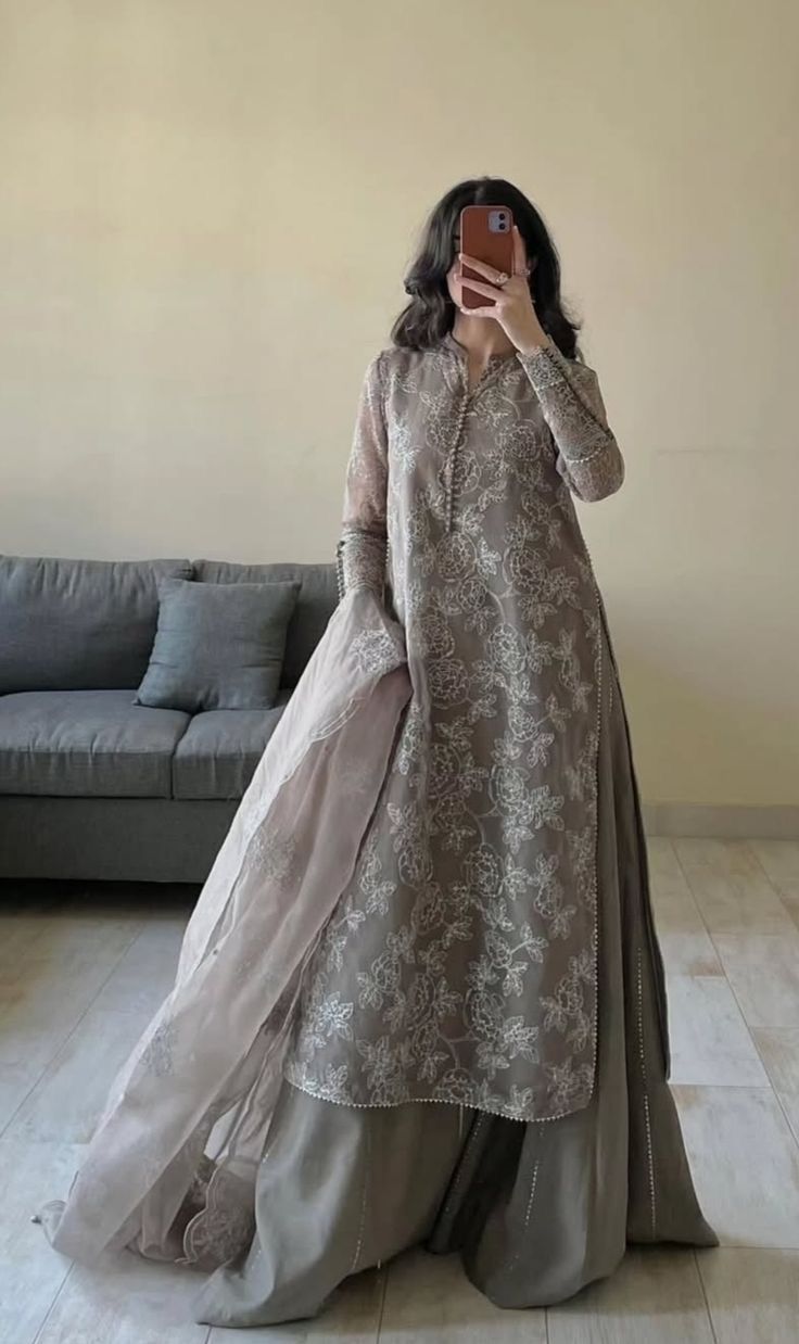 Elegant Grey Floral Embroidered Kurti Set With Wide Leg Trousers