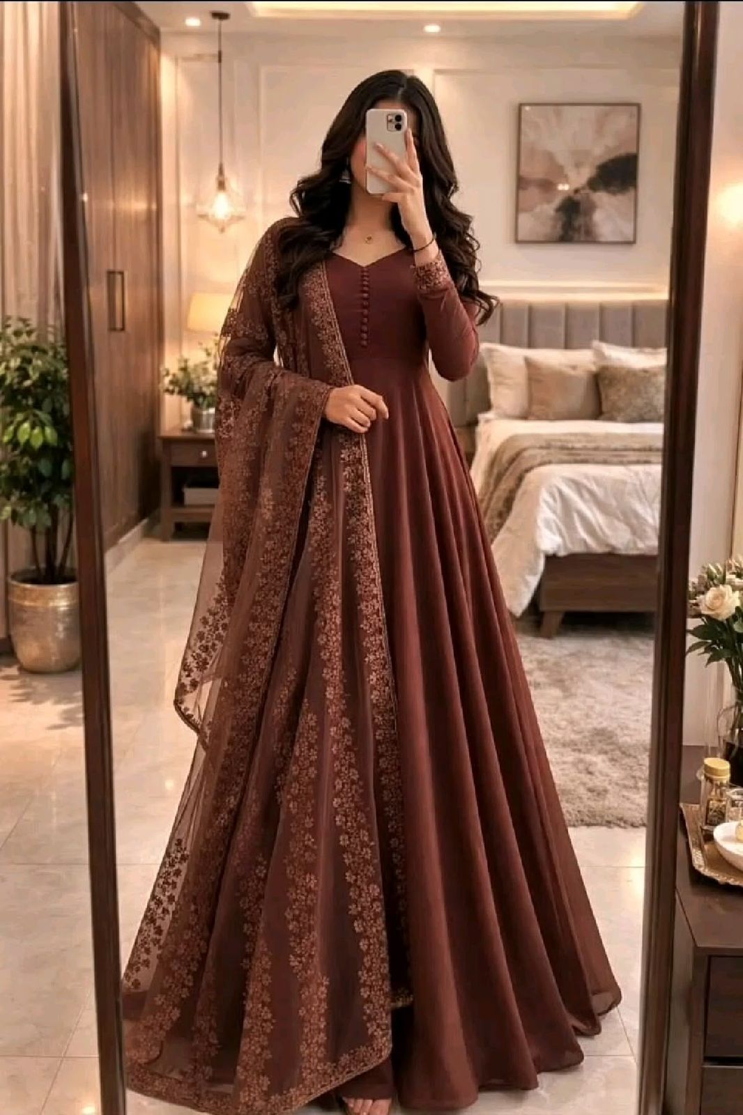 Elegant Chocolate Brown Embroidered Anarkali Set With Floral Sheer Dupatta