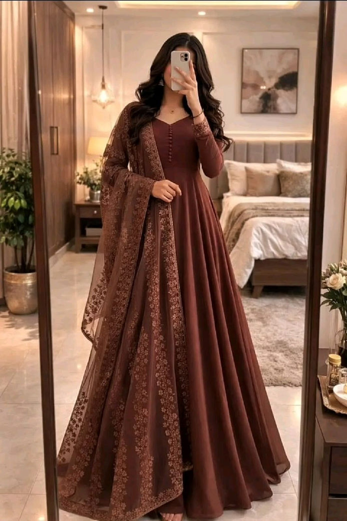 Elegant Chocolate Brown Embroidered Anarkali Set With Floral Sheer Dupatta