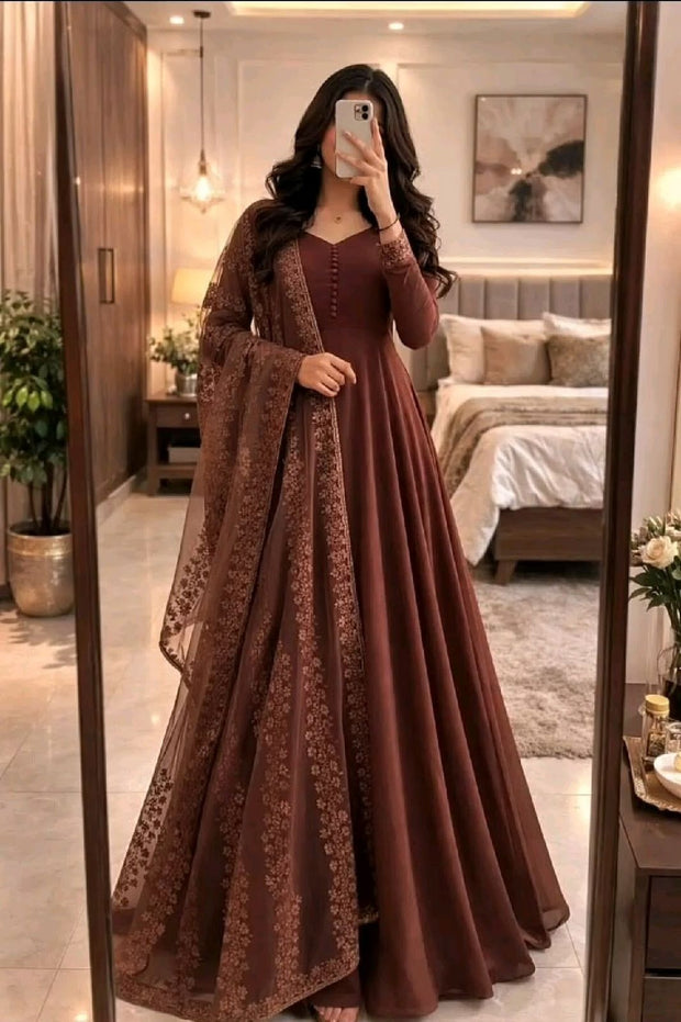 Elegant Chocolate Brown Embroidered Anarkali Set With Floral Sheer Dupatta