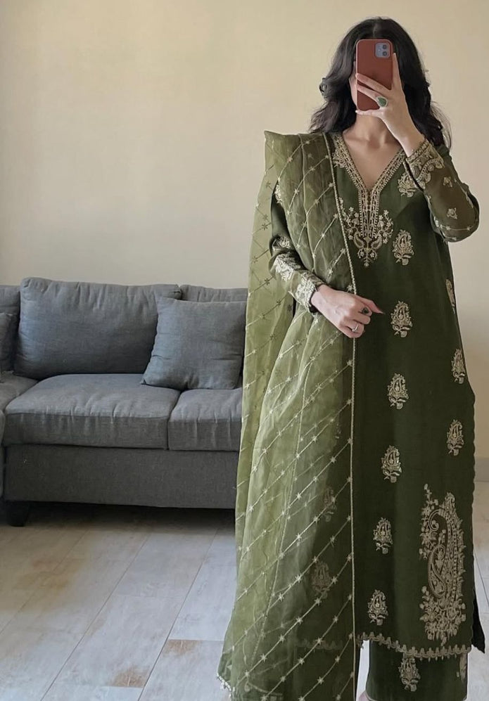 Olive Green Embroidered Kurti Set With Matching Trousers